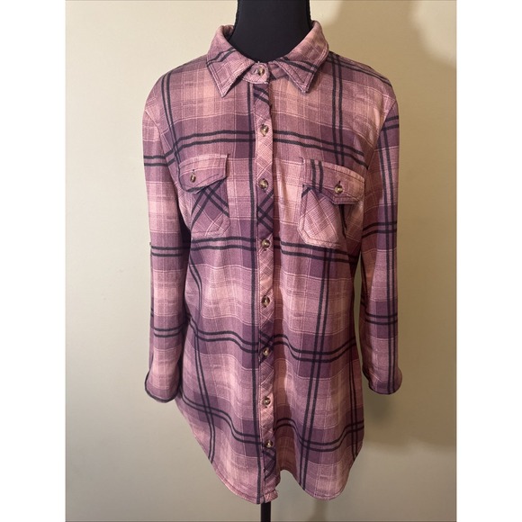 Eden & Olivia Tops - Eden & Olivia Soft Plaid Flannel Shirt Women's M Pink Black Button Up 3/4 Sleeve